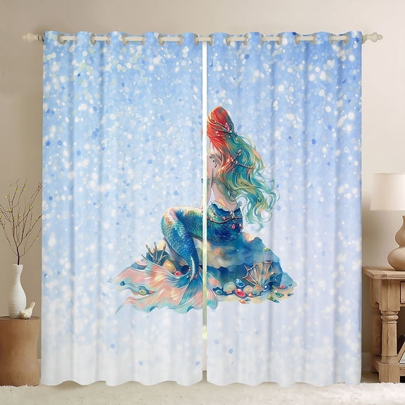 Feelyou Dreamy Fairy Mermaid Princess Black Out Curtains for Kids Boys Girls, Glitter Starry Sky Stars Curtains Pack of 2 (42x63 Each), Blue