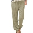 thumbnail image 3 of ATENAR Linen Pants Women,Straight Leg Pants Women,Loose Drawstring,Breathable,Solid,Khaki,S(US:4), 3 of 6