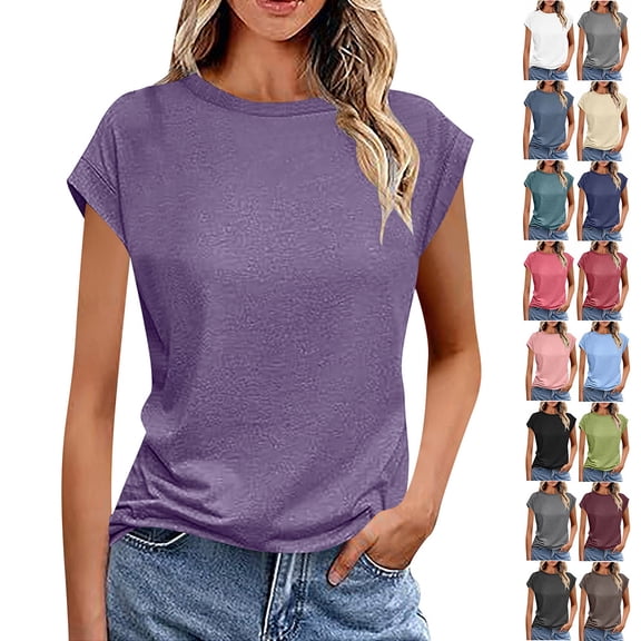 Otvok Women's Casual Loose-Fit Solid Color Crew Neck Pullover Short Sleeve T-Shirt Tops