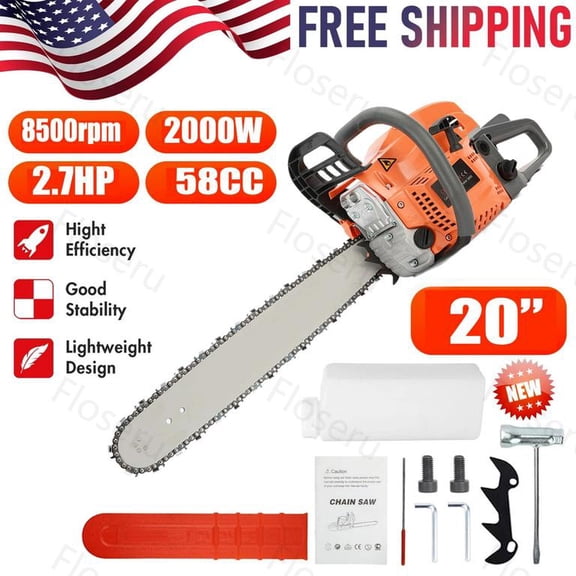 Floseru 20 Inch Gas Chainsaw, 58CC Single Cylinder Air-cooled 2 Stroke Engine Gasoline Chainsaw, 2000W Portable Hand Pull Start Chain Saw for Cutting Wood Tree Trimming, 8500rpm