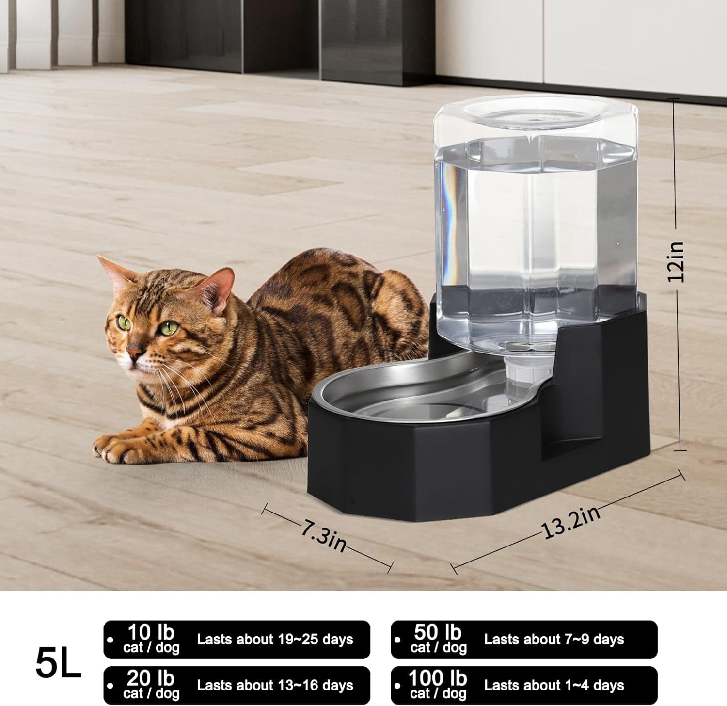 Dog Water Bowl Dispenser: 6L Large White Gravity Stainless Steel Bowl - Without Filter - Pet Feeder for Pets Indoor/Outdoor Use by Owners