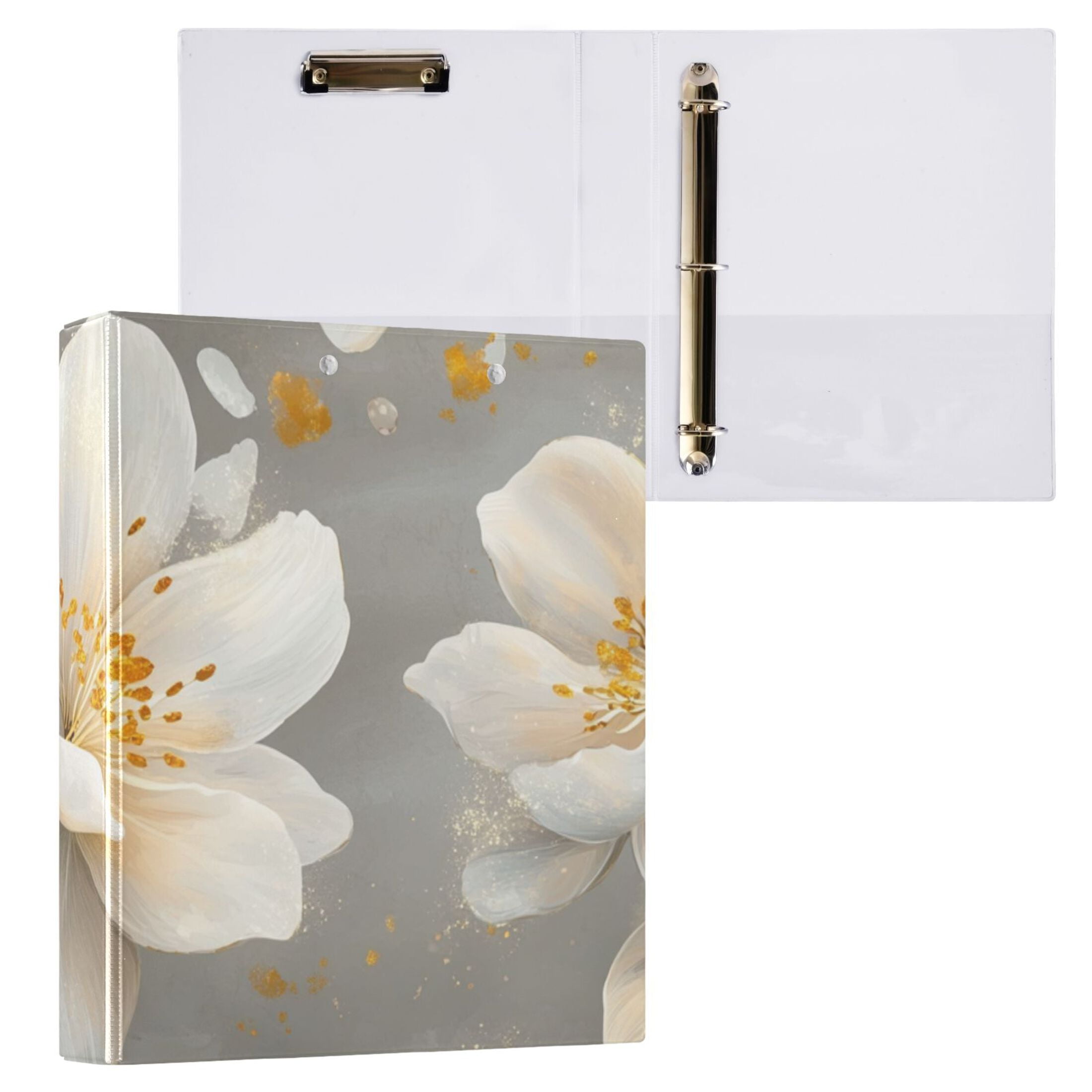 Pretty White Flowers 3 Ring Binders 1.5 inch Hardcover File Folders with Interior Pockets A4 Size Organizer for School Office Hospital