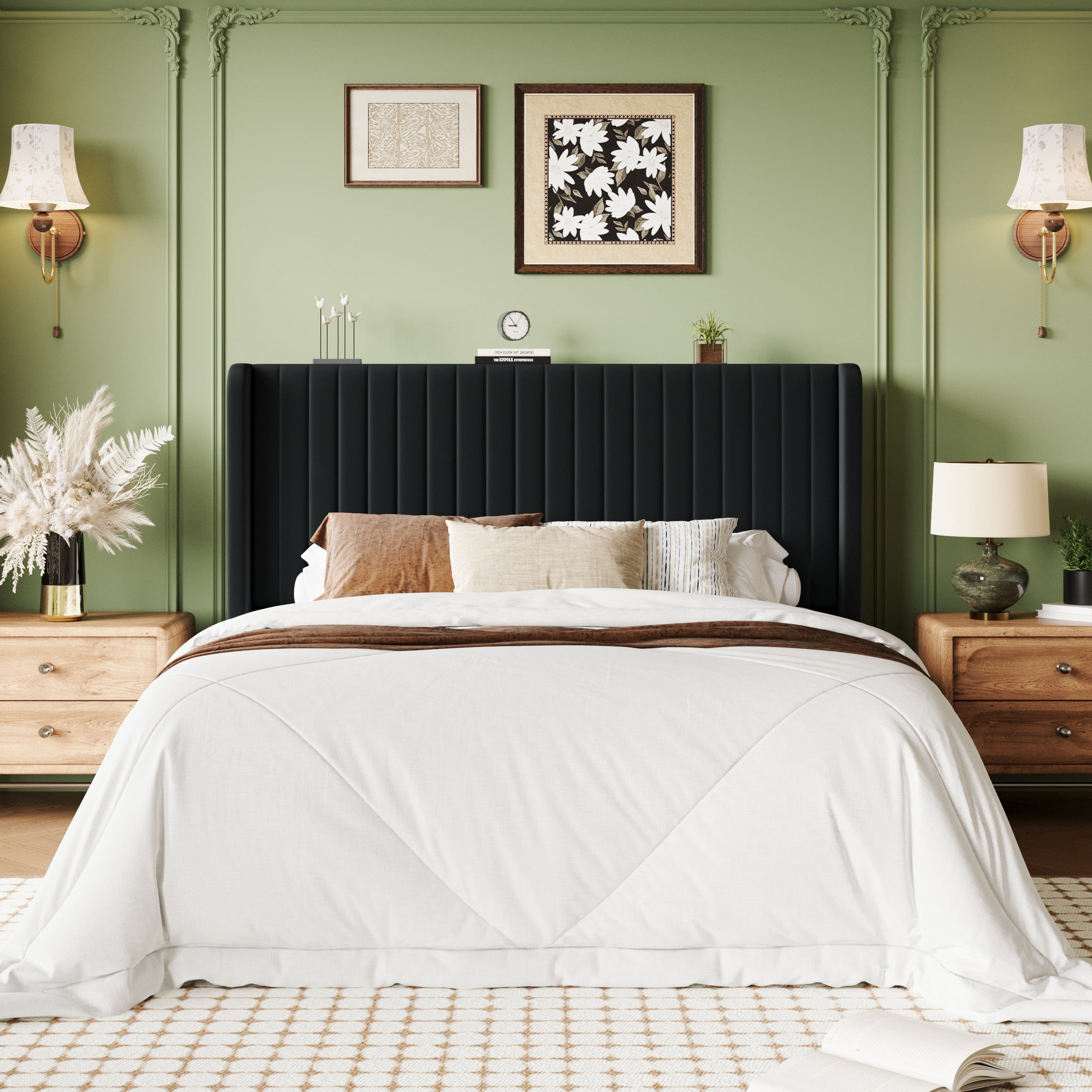 Einfach Queen Bed Frame, Upholstered Platform Bed with Wingback Headboard, No Box Spring Required, Black