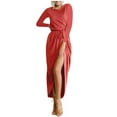 thumbnail image 1 of Ersazi Robe pour Femmes en Liquidation Mode Femmes Col Rond Taille Haute Bandage Couleur Unie Décontractée Fendue Robe Rouge TP, 1 of 3
