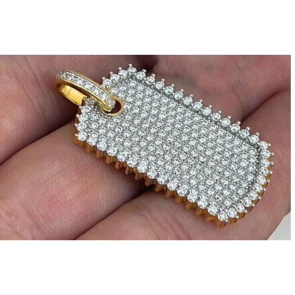 "925 Sterling Silver Simulated Diamond Dog Tag Pendant | 14K Yellow Gold Plated"