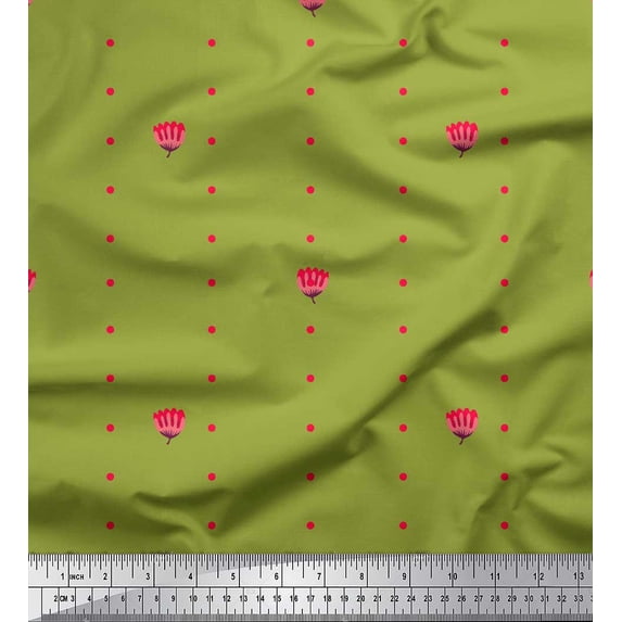 Soimoi Green Japan Crepe Satin Fabric Artistic Flower & Dots Print Sewing Fabric Yard 42 Inch Wide