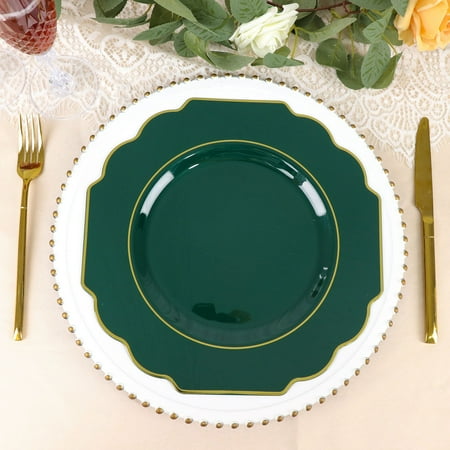 

Efavormart 10 Pack | 11 Hunter Emerald Green Hard Plastic Dinner Plates Disposable Tableware Baroque Heavy Duty Plates With Gold Rim
