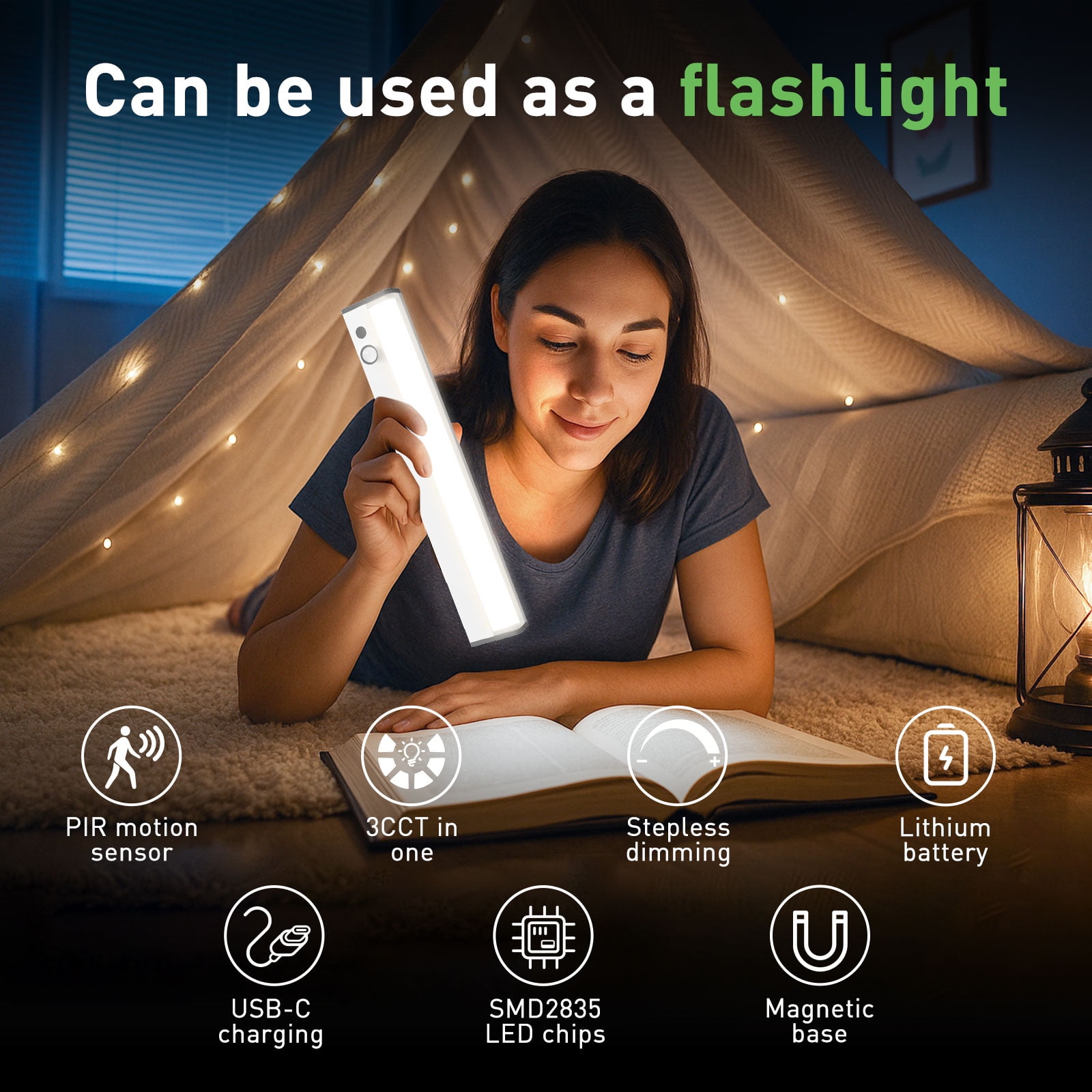 ALUSSO 30cm LED Cabinet Lighting with Motion Sensor, 3000/4000/6500K 3CCT&Dimmable, USB Rechargeable Night Light for Stairs, Bedroom, Kitchen, 2 Pack