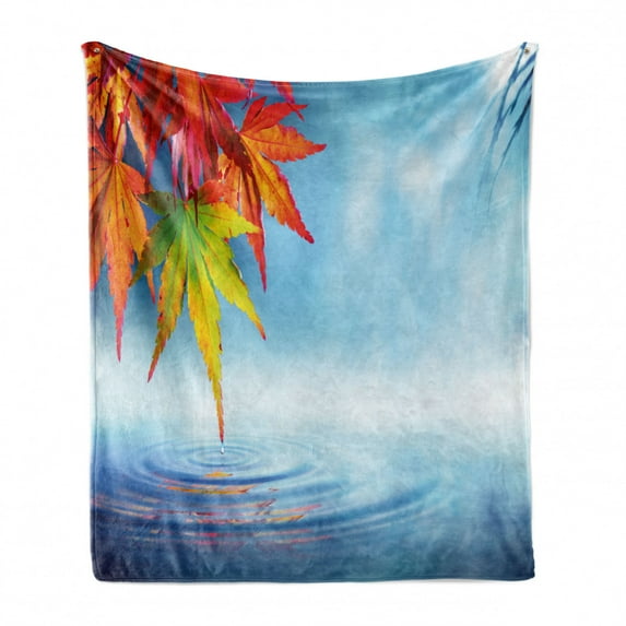 Fall Leaves Soft Flannel Fleece Blanket, Water Dripping from the Leaves Hanging over the Lake Natural Art Relaxing Scene, Cozy Plush for Indoor and Outdoor Use, 60" x 80", Multicolor, by Ambesonne