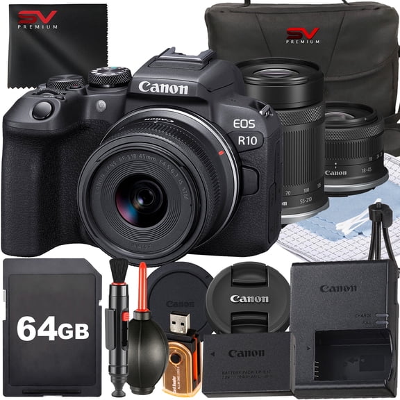 Canon EOS R10 Mirrorless Camera with RF-S 18-45mm 55-210mm Lens 64GB Memory Card Case SV Premium Accessory Bundle (International version)