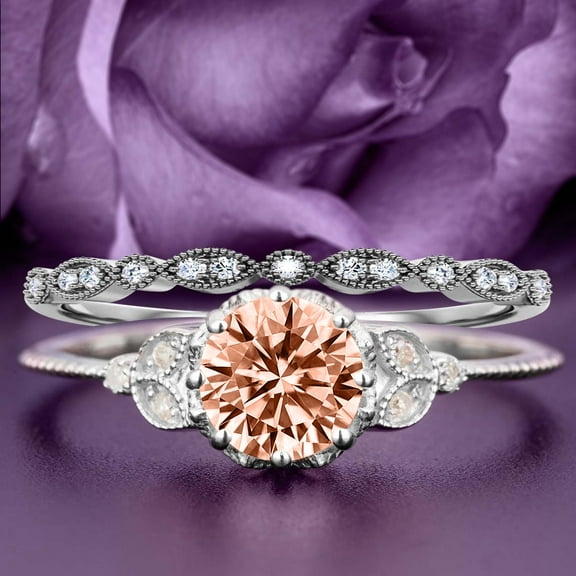 Beautiful 1.75 Carat Round Cut Morganite And Diamond Moissanite Floral Engagement Ring, Antique Wedding Ring, One Matching Band in 925 Sterling Silver With 18k White Gold Plating, Gift For Her