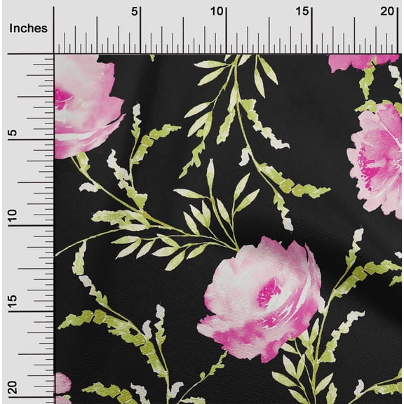 oneOone Organic Cotton Poplin Twill Fabric Watercolor Leaves & Peony Floral Print Fabric By Yard 42 Inch Wide