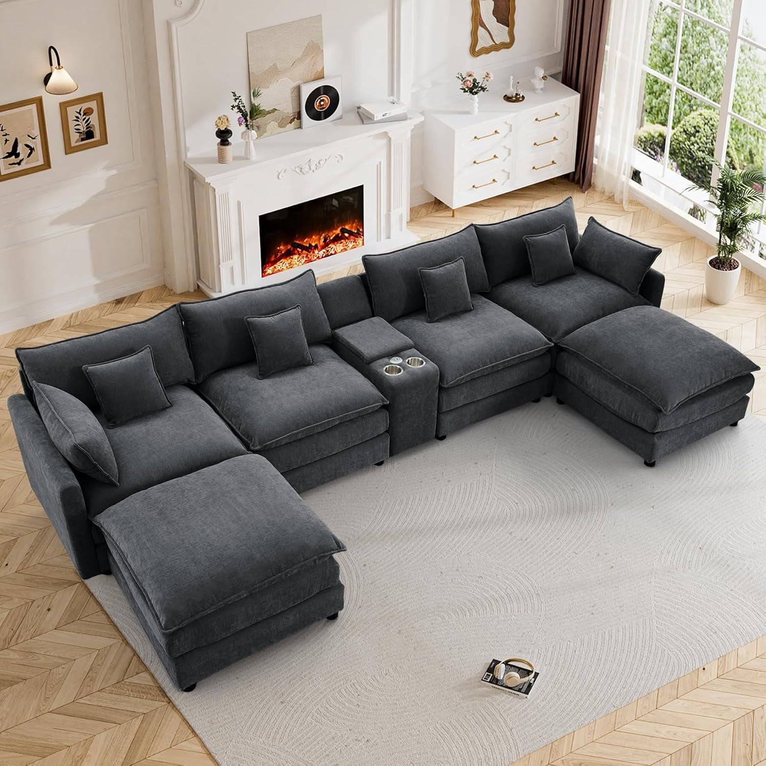 avobird Oversided 145" U Shaped Cloud Couch Sectional, DeepSeat Sofa Bed with USB Charging, Hidden Storage, Cup Holders & Chenille Double Chaise, Gray