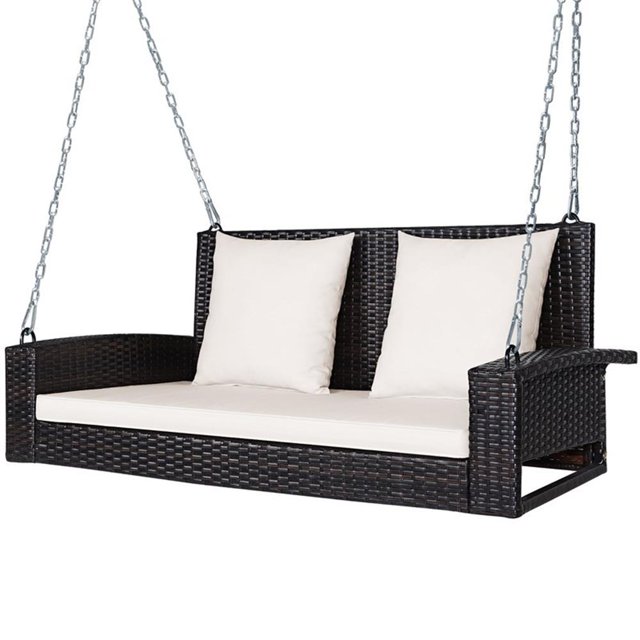 Pemberly Row 2 Person Patio Rattan Hanging Porch Swing Bench Chair Beige