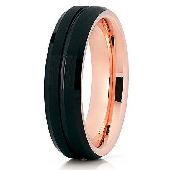Silly Kings 6mm Black Brushed Tungsten Carbide Wedding Ring Rose Gold Inlay Handmade Beveled Edge Unisex Band