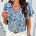 thumbnail image 5 of Sakmal Blue Trendy Tops for Women 2024 Short Sleeve V-Neck Ruffle Sleeve Floral Blouses Ladies Shirts Clearance, 5 of 5