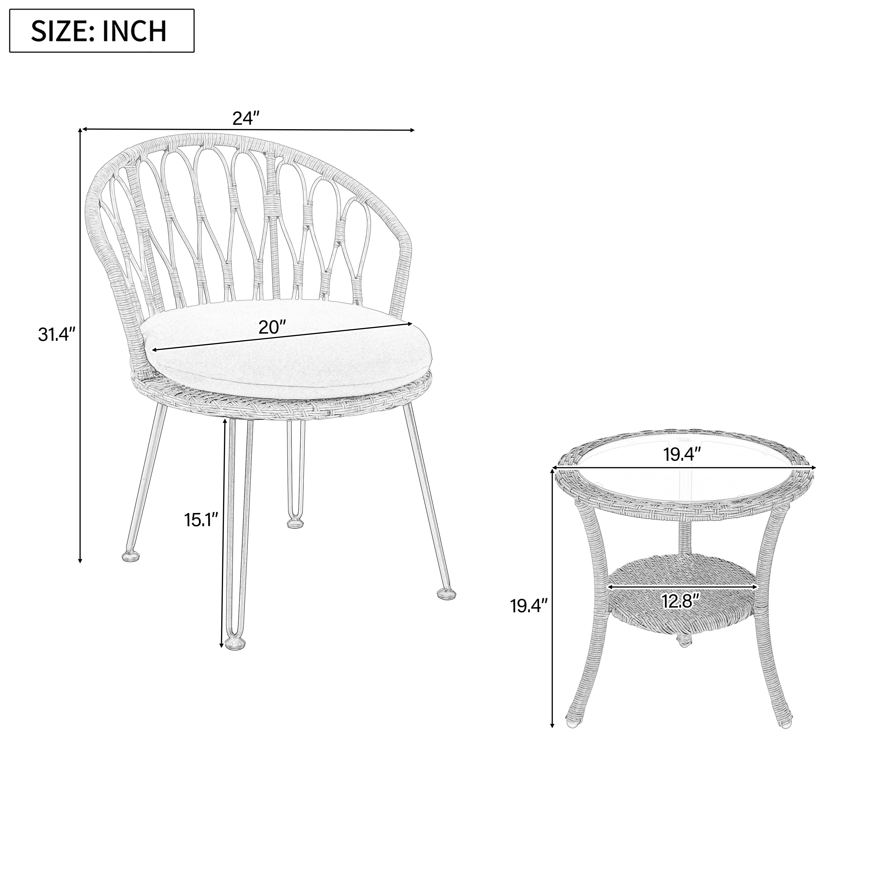 3-Piece Outdoor Furniture Sectional Sofa Set,Patio PE Wicker Conversation Sets with Beige Cushions,Top Glass,Lounge Chair for Garden, Deck, Poolside