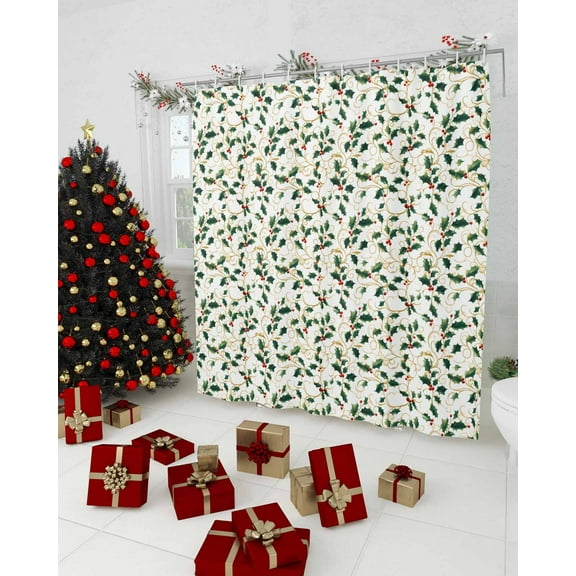 Christmas Botanical Shower Curtain, Green Xmas Leaf Berry Waterproof Washable Boho Funny Cute Shower Curtains Set for Bathroom Farmhouse Bathtubs Decor with Hook, 36"Wx72"L
