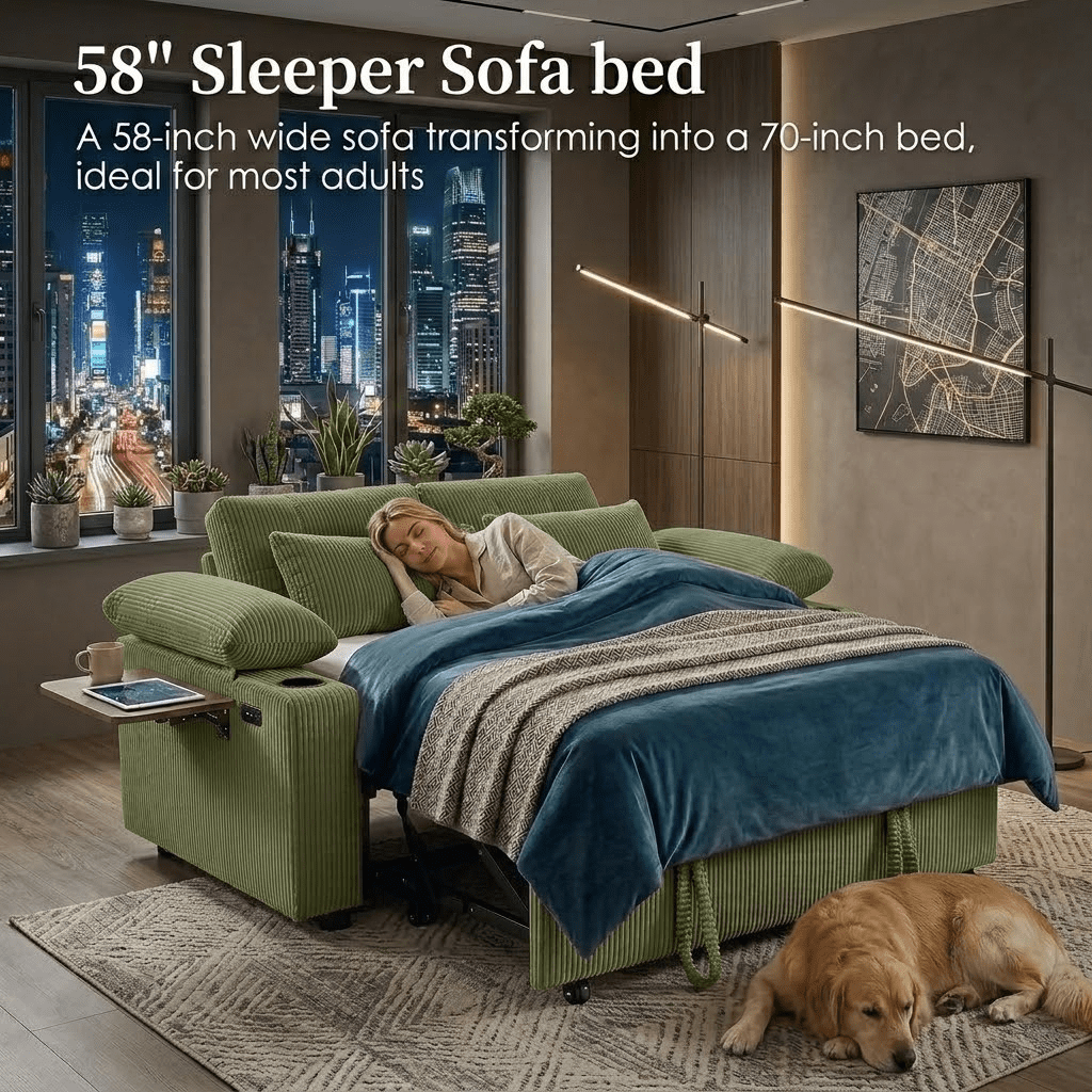 58" Sleeper Sofa Bed, Convertible Pull Out Couch Bed Corduroy Loveseat with Adjustable Backrest, USB Charging Ports, Cup Holders & Foldable Side Table for Living Room Apartment,Green
