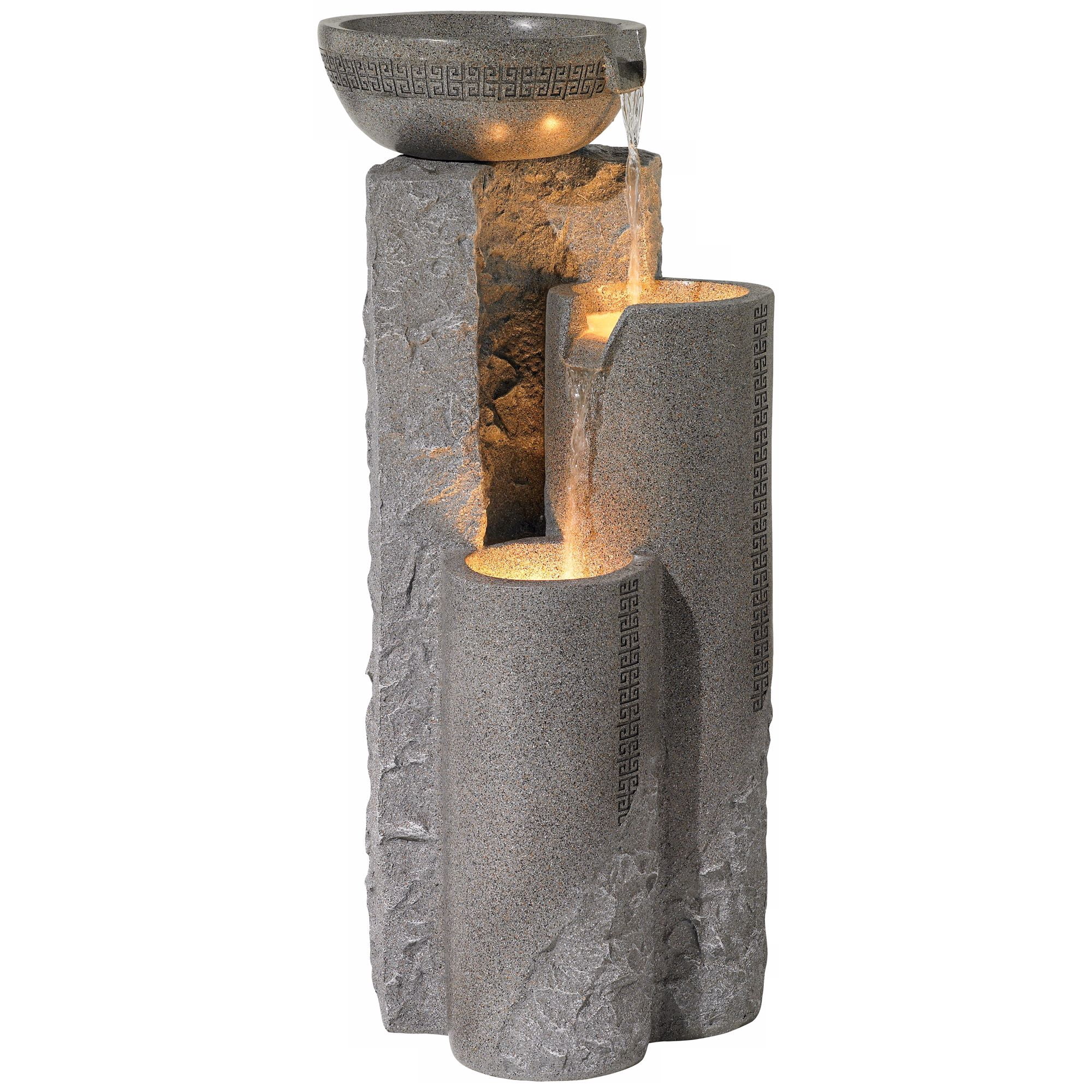 Bowl and Pillar 34 1/2" High Large Modern Zen Outdoor Decor Faux Stone Floor Fountain with Light LED Outside