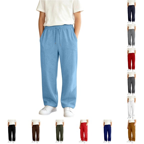 OSOLU Boys Pants Drawstring Elastic Waist Side Pockets Seam Detail Jogger Casual Trousers Sky Blue