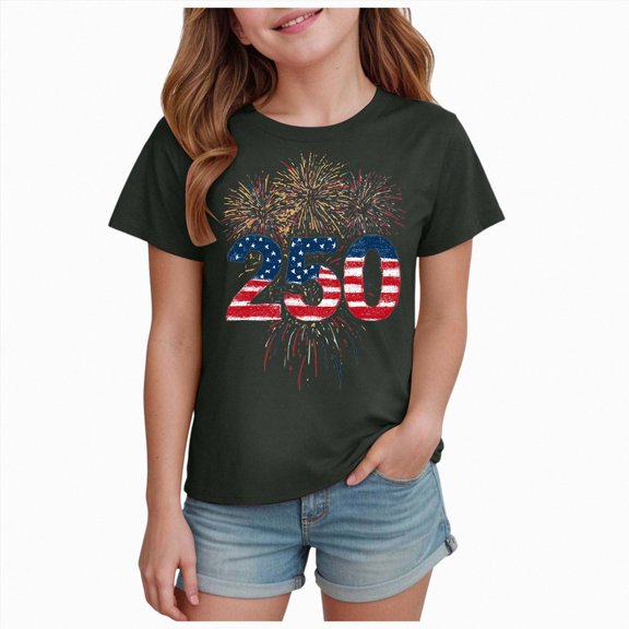 Gubotare Girls Patriotic Shirt Tops for Girls Cute Graphic Tees Loose Fit Printing Short Sleeve Crew Neck T Shirts 5T 6T (Grey,5-6 Years)