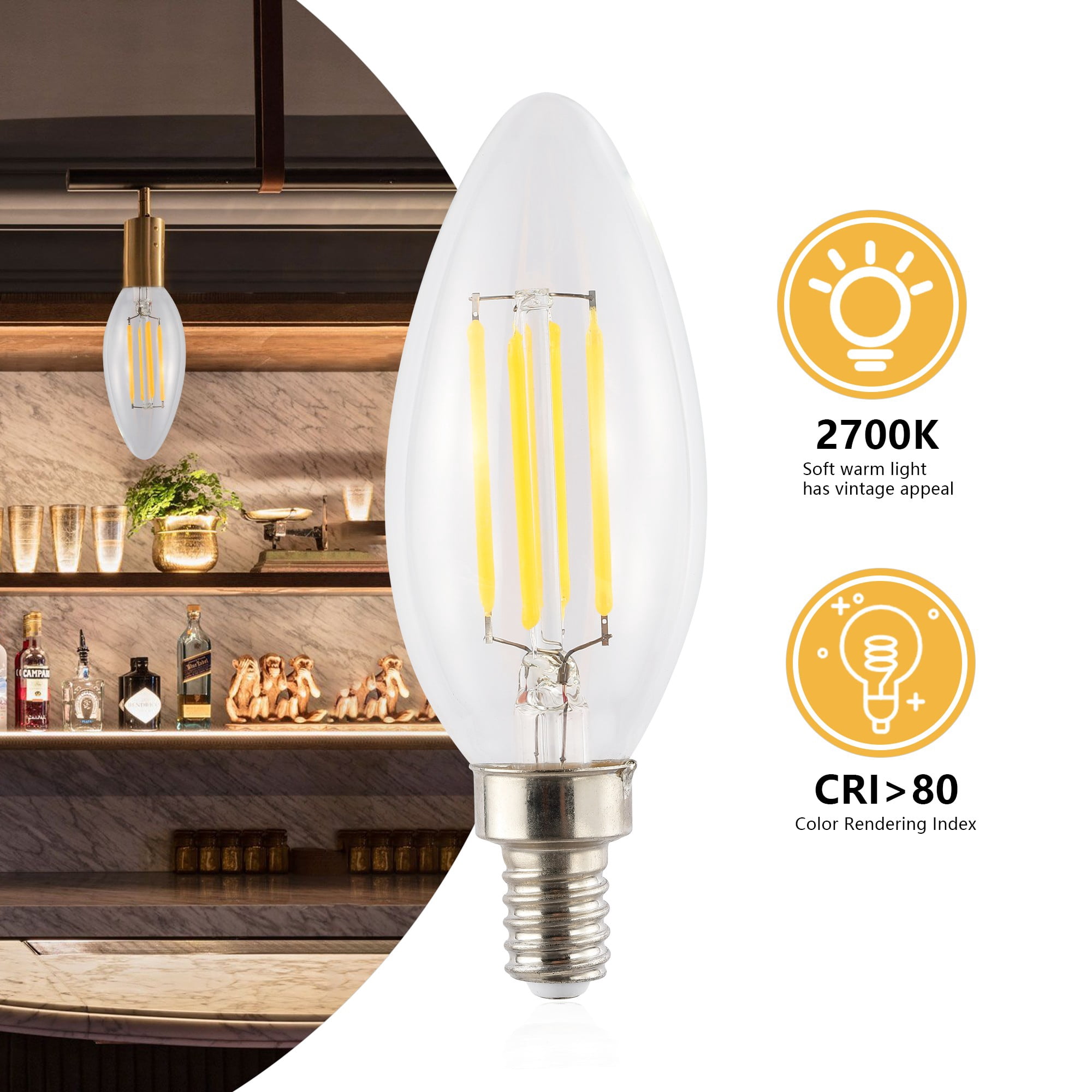 Vintage Non-Dimmable C35-4W LED Edison Bulbs with E12 Base, 80+ CRI, Warm White 2700K, 420 Lumens, Clear (Pack of 6)