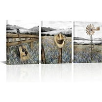 Hieng Farmhouse Landscape Painting Canvas Texas Bluebonnets Field Wall Art Rustic Countryside Windmill Pictures Cottagecore Bedroom Bathroom Decor