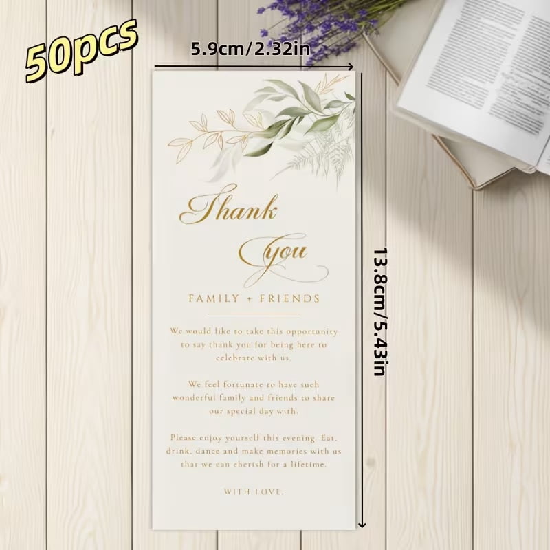 50 simple wedding thank you cards, green plant table cards, wedding table decorations, napkin thank you cards