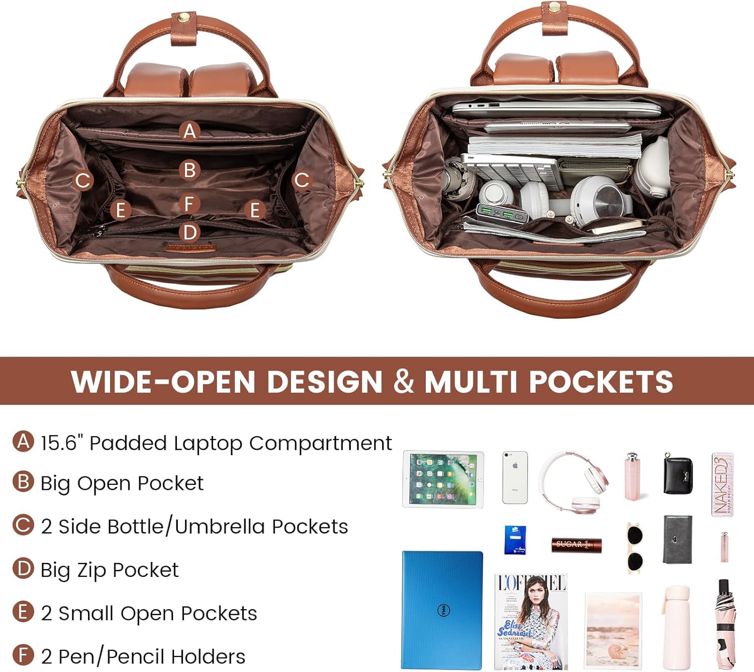 LOVEVOOK Leather Laptop Backpack for Women, 17 inch Professional Work & Travel Bag, Brown