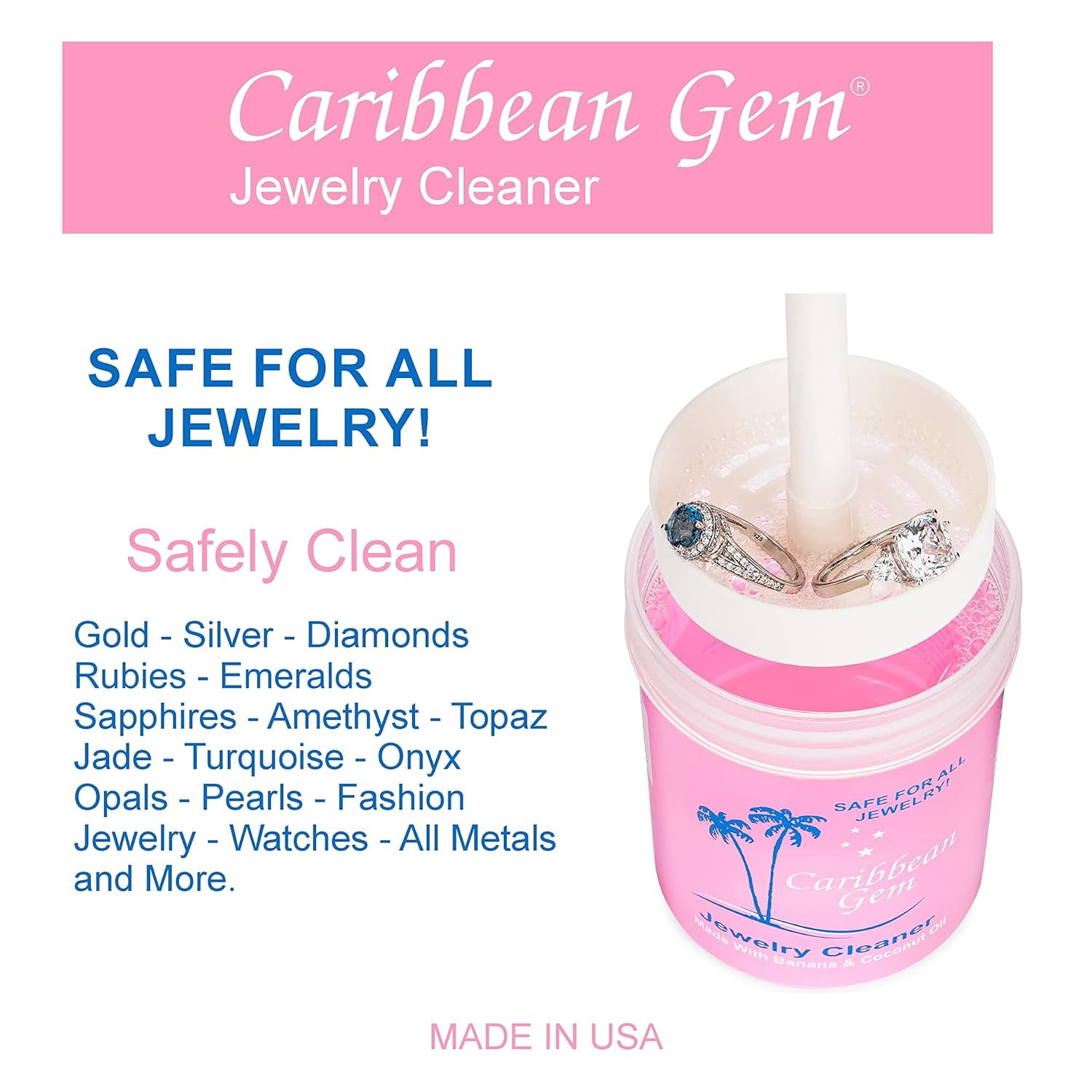 Caribbean Gem 8 oz Jewelry Cleaner With Basket, Brush and Cloth All Purpose Jewelry Cleaner Solution for Gold, Silver, Diamonds, Rings, Necklaces, Gems, Precious Stones & Metals