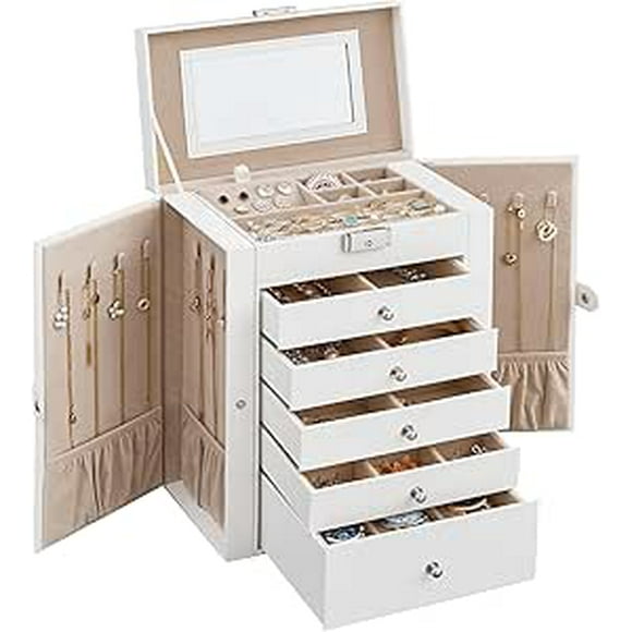 SONGMICS HOME 6 Tier Jewelry Box, Jewelry Case with 5 Drawers, Large Storage Capacity, with Mirror, Lockable, Jewelry Storage Organizer, Gift for Loved Ones, For Watches, White