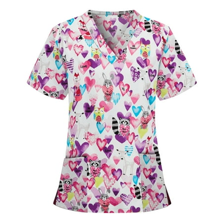 

UDAXB Womens Nursing Scrub Tops Valentine s Day Love Heart Printed Working Uniform Short Sleeve V-Neck Workwear Blouse T-shirt with Pockets