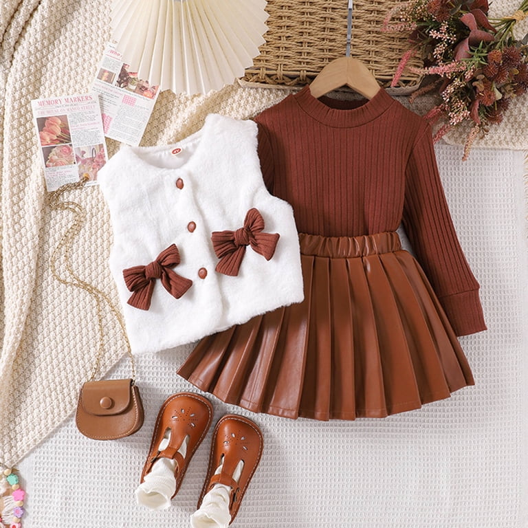 MEZZALL Toddler Girls Long Sleeve Sweater And Brushed Vest Tops And Pleated  Skirt Outfits Cozy Knitwear, Brown, 3-4 Years