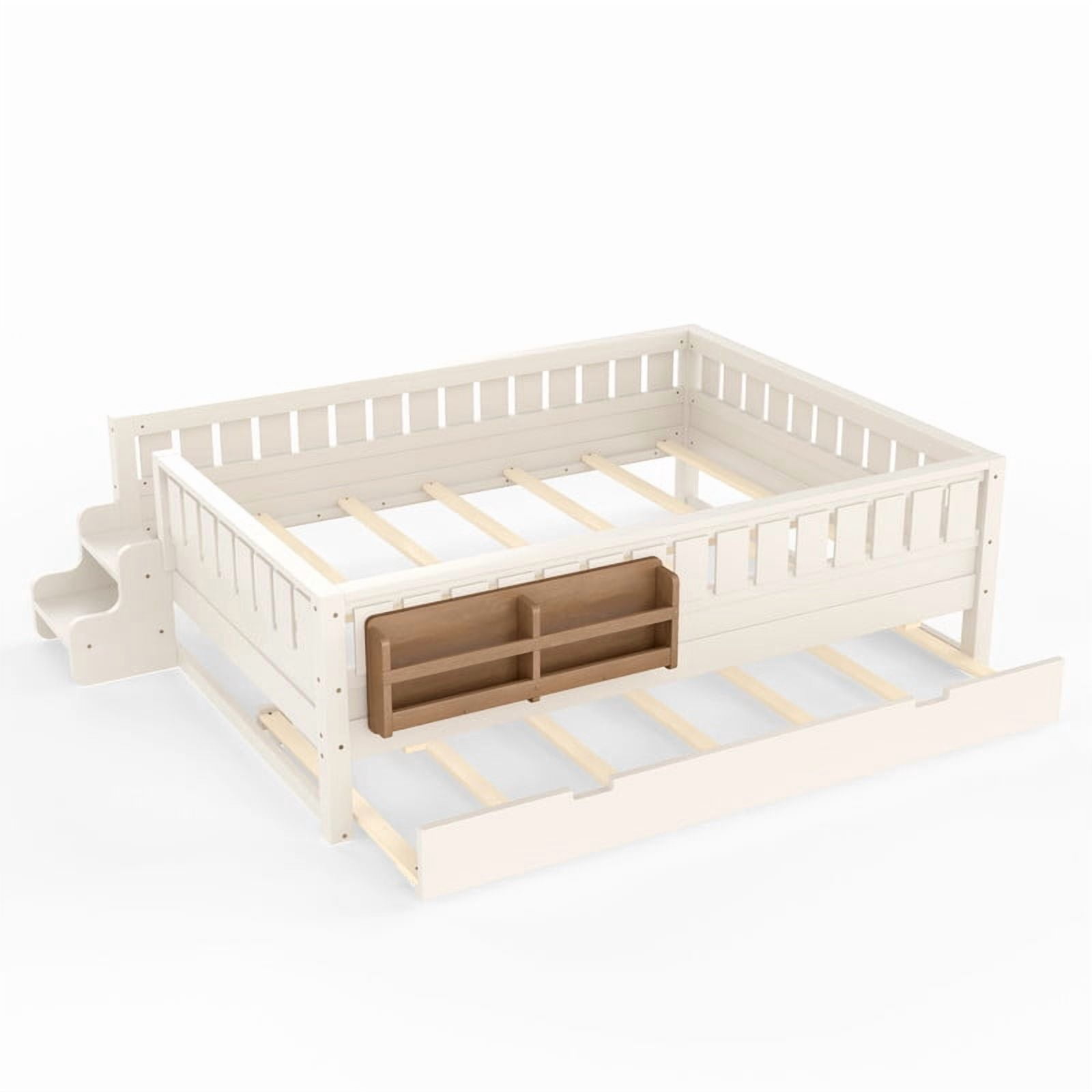 Queen Size Low-Profile Kid's Platform Bed with Built-in Bookshelves & Small Staircase, Wooden Bed Frame with Safety Rails & Trundle