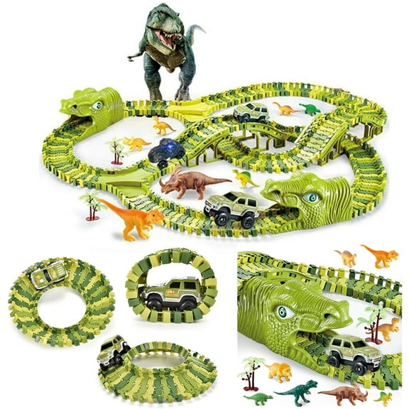 NICKSUN Dinosaur Toys, Dinosaur Toys Track Cars for Boys, 240 Pcs Flexible Track Playset Toy Cars, Dinosaur Paradise Road Race Christmas Gifts for Kids Boys Girls