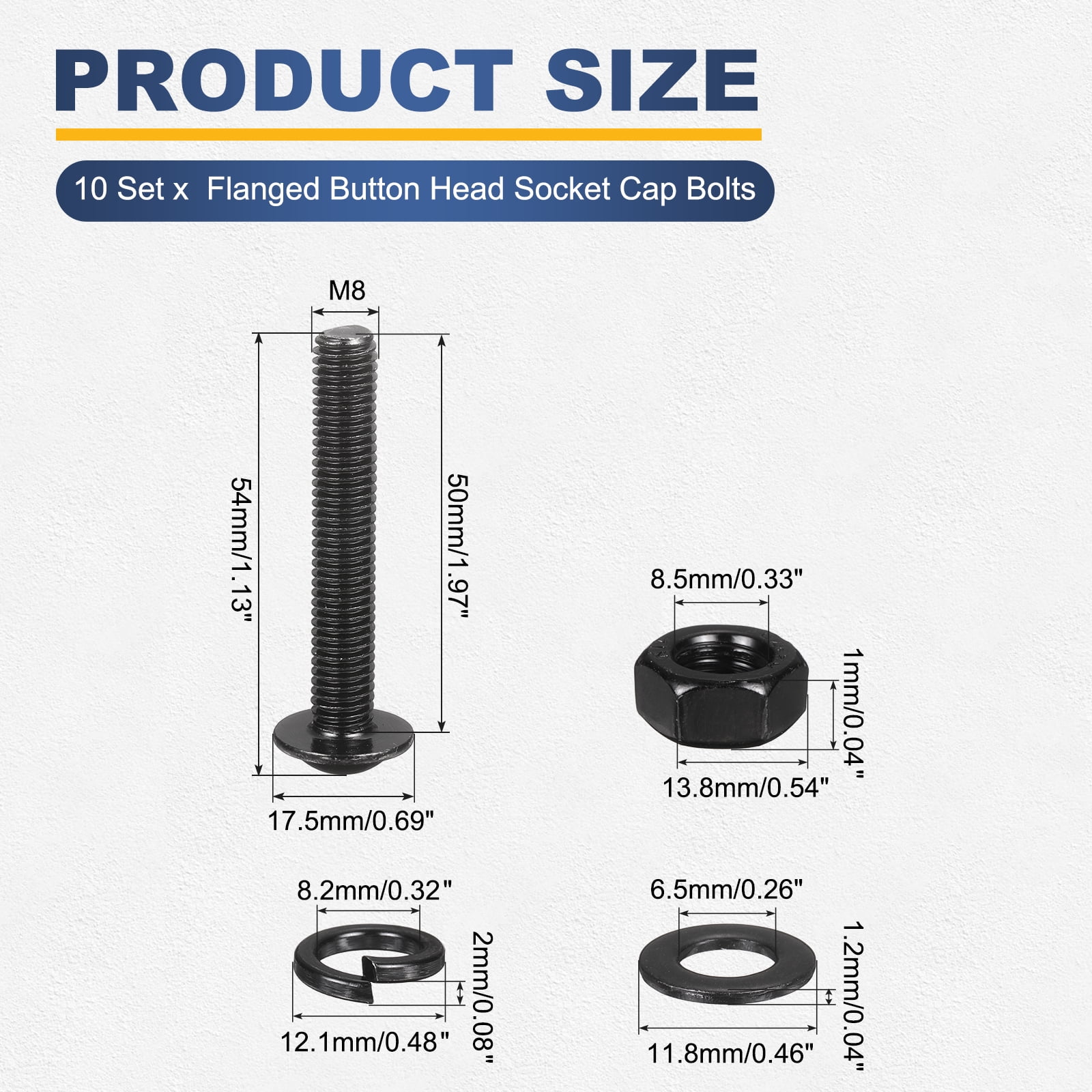 10 Set M8 x 50mm Flanged Button Head Socket Cap Screws, Black 304 Stainless Steel 18-8 Hex Socket Head Screws Bolts, Nuts, Flat & Lock Washers for DIY, Furniture, Automotive