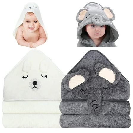 Hooded Baby Towels, 2 Pack Baby Bath Towel, Absorbent and Hypoallergenic Towels for Baby Boy Girl, Toddler, Newborn Essentials (Elephant & Bear) 31.5 x 31.5"