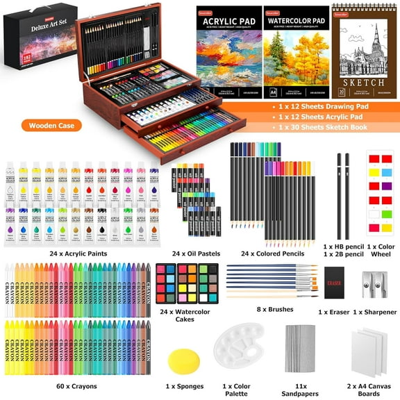Art Supplies, 192-Pack Deluxe Art Set Drawing Painting Supplies Kit with Acrylic Pad, Watercolor Pad, Sketch Book, Canvases, Acrylic Paint, Crayons, Pencils, Gifts for Artist Adults Teen Kids