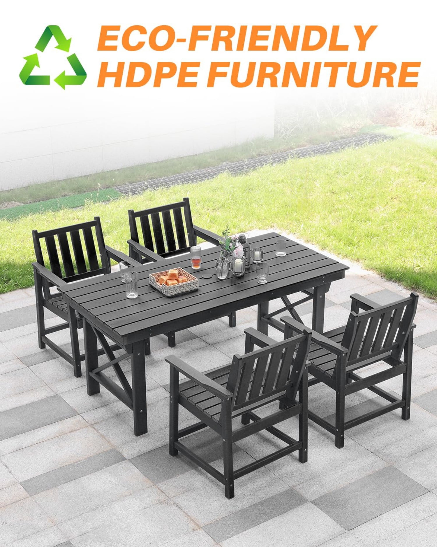 HDPE Dining Chair Set of 4, All Weather Outdoor Dining Chairs with Ergonomic Backrest, Heavy Duty Patio Chairs for Backyard, Garden, Poolside, Deck, Obsidian