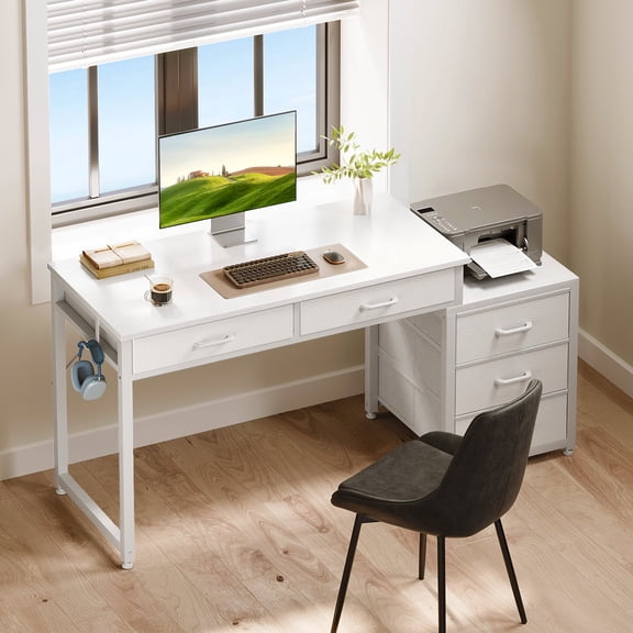 Casacomoda White Computer Desk with 5 Drawers & Printer Stand, Reversible Storage Desk for Home Office, 53 Inch Writing Desk with Headphone Hook, White