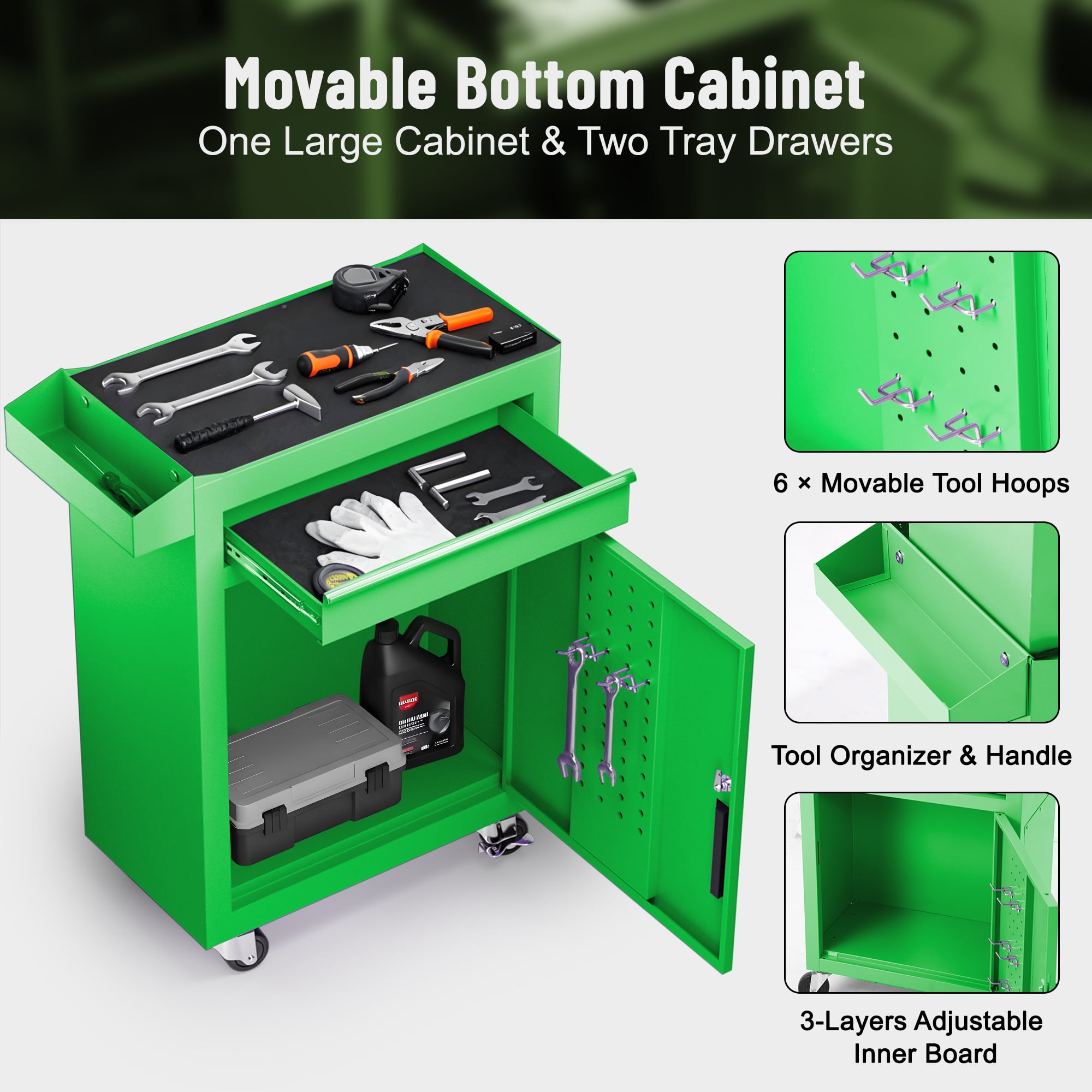 5-Drawer Tool Chest on Wheels, 2 In 1 Rolling Tool Storage Cabinet, Tool Organizer for Garage, Workshop, Warehouse & Repair Shop, Green