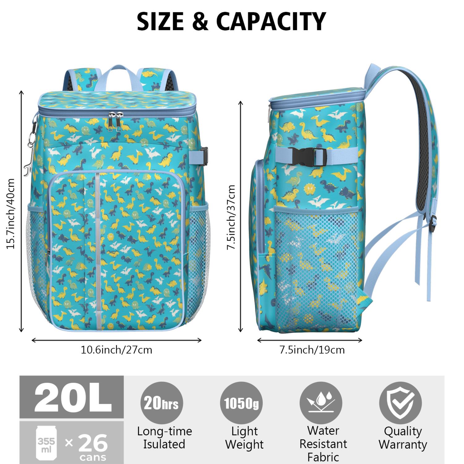 Travel Cooler Bag - Blue Cartoon Dinosaurs Pattern Camping Beer Cooler Backpack with Bottle Opener- Waterproof Insulated Picnic Backpacks - Cooler Bag for Beach