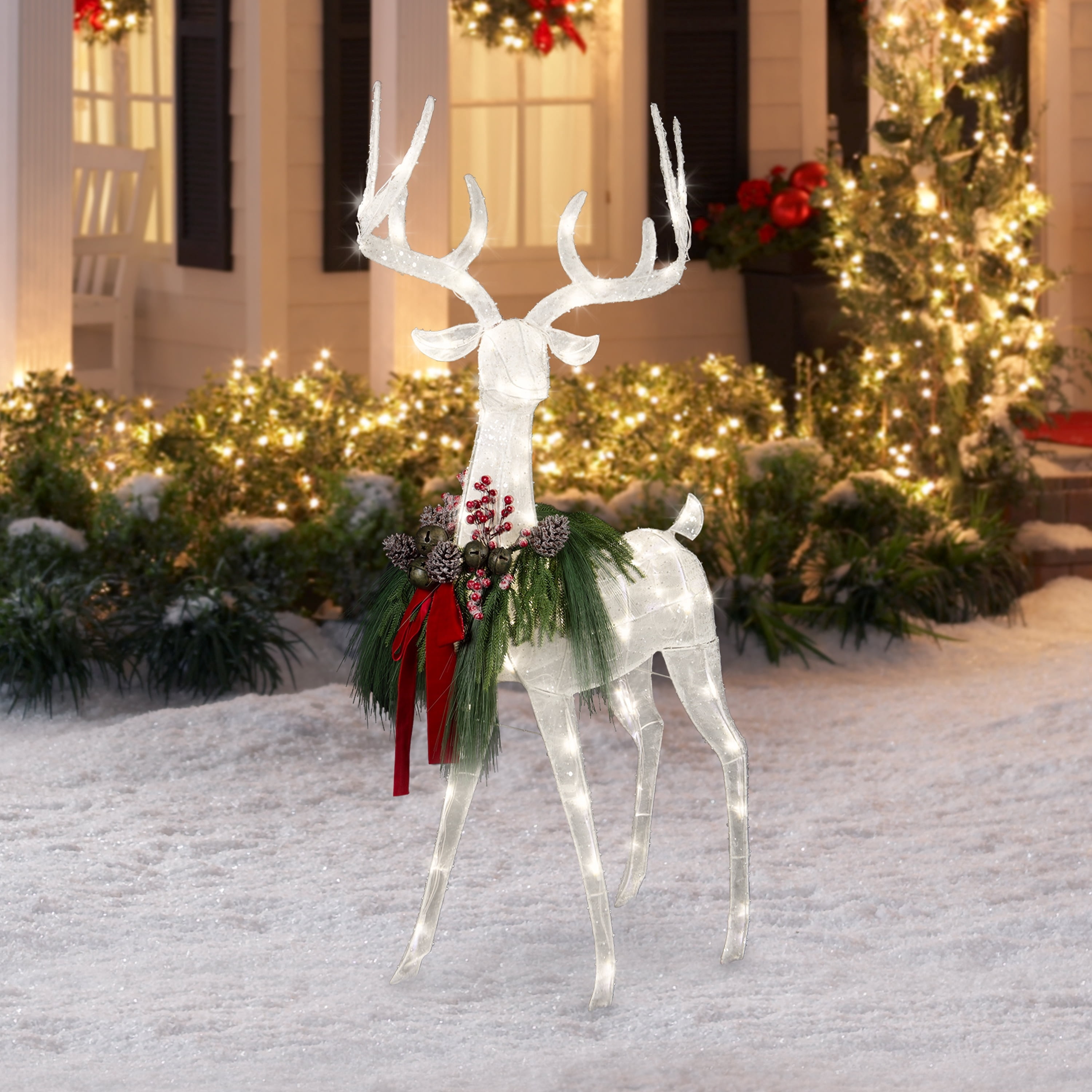Indoor/Outdoor Lighted Velvet and Frosted Reindeer with Wreath Christmas Decoration with 70 LED Lights, Warm White, 4.95', by Holiday Time