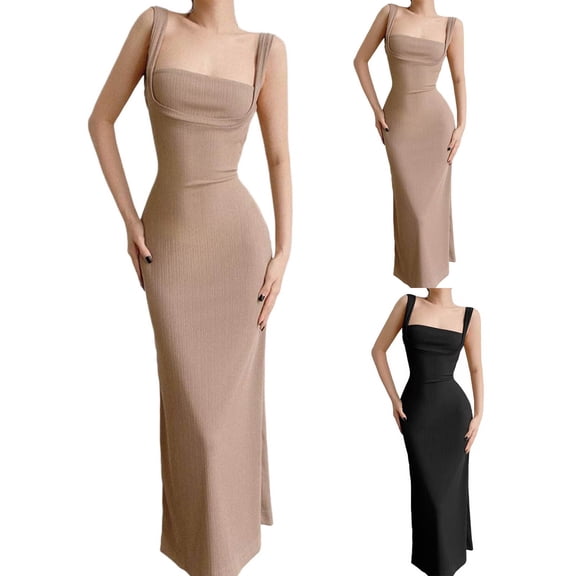YHAJDS Women Tank Midi Dress Back Cutout Backless Spaghetti Strap Slim Dress