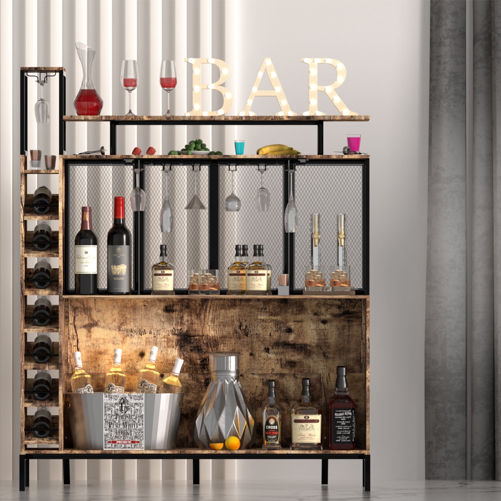 PAKASEPT Home Bar Table, 4 Tier Liquor Bar with Stemware Racks