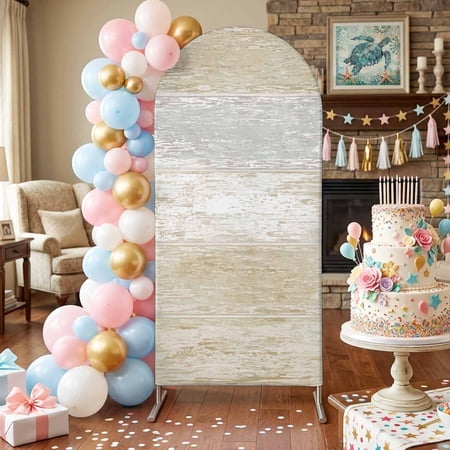 Khaki Planks Arch Backdrop Covers 6.6 FT Farmhouse Horizontal Wood Grain Stretchy Fitted Arched Stand Covers Party Arch Stand Cover Photo Booth for Wedding Birthday Decor