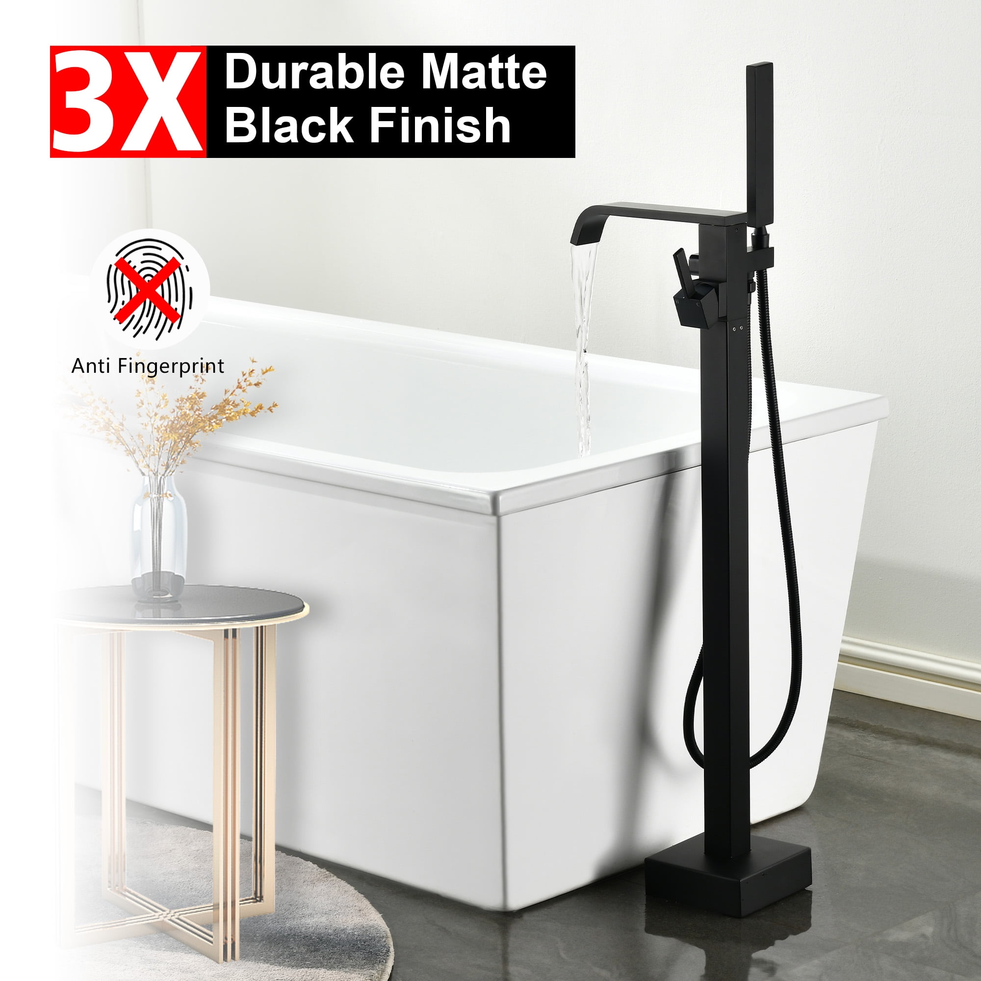 SUMERAIN Matte Black Bathroom Freestanding Tub Faucet, Modern Waterfall Floor Mount Bathtub Faucet with Hand Shower, High Flow