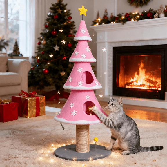 Zimtown 59in Large Tall Christmas Tree Cat Tower with 2 Cat Condos & Scratching Post, Soft Fleece Cat Tree with Teaser Toy & Sturdy Base & Built-in Openings for Kitten, Pink