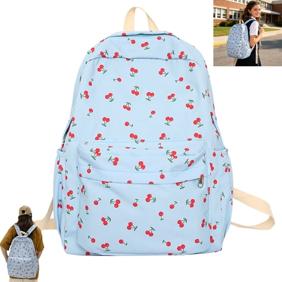 Large Capacity Cherry Print Preppy Aesthetic Backpack, Cute Lightweight Cutecore Bookbag Water Resistant Casual Laptop Daypack for Girls School Travel Daily Use